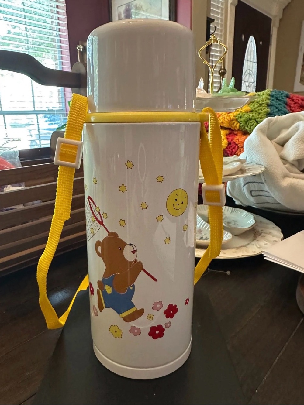 Vintage Mikasa White Insulated thermos with Yellow Strap and Bear Print